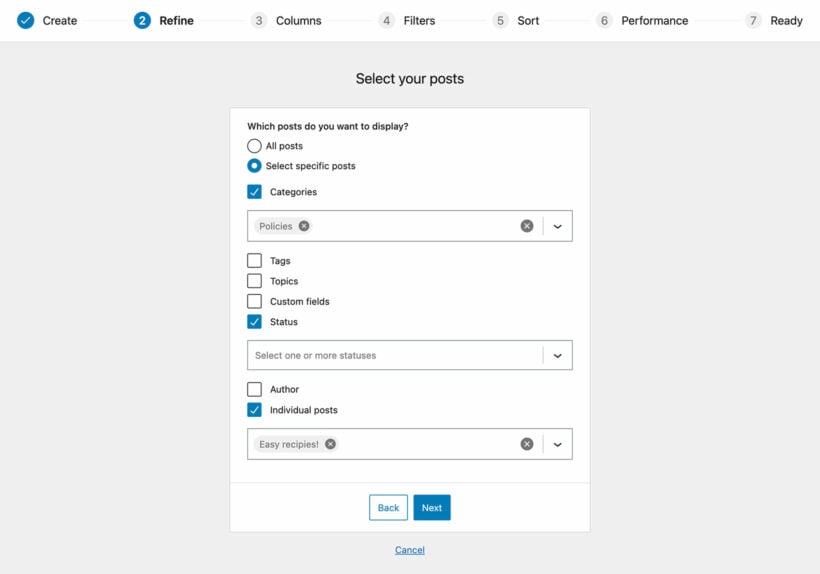 PTP table builder select posts to include