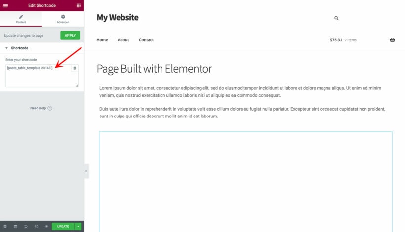 Posts Table Pro Elementor shortcode