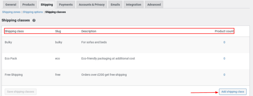 WooCommerce Shipping Classes List