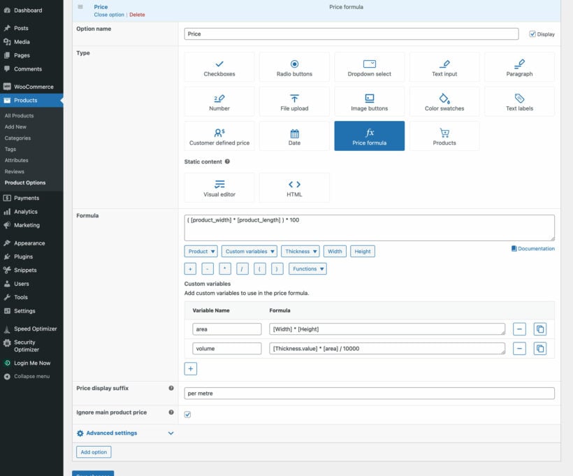 Create a pricing formula using the WooCommerce Product Options plugin