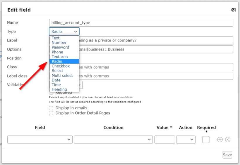 account type radio field example