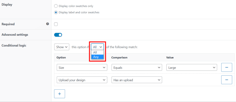 all or any options conditional logic woocommerce product options