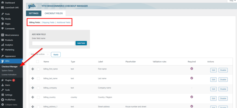edit yith woocommerce checkout manager conditional fields
