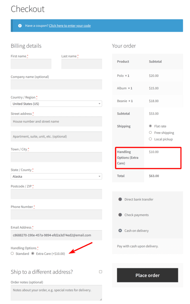 test checkout page with custom fee field added