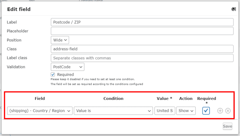 woocommerce conditional shipping checkout field settings