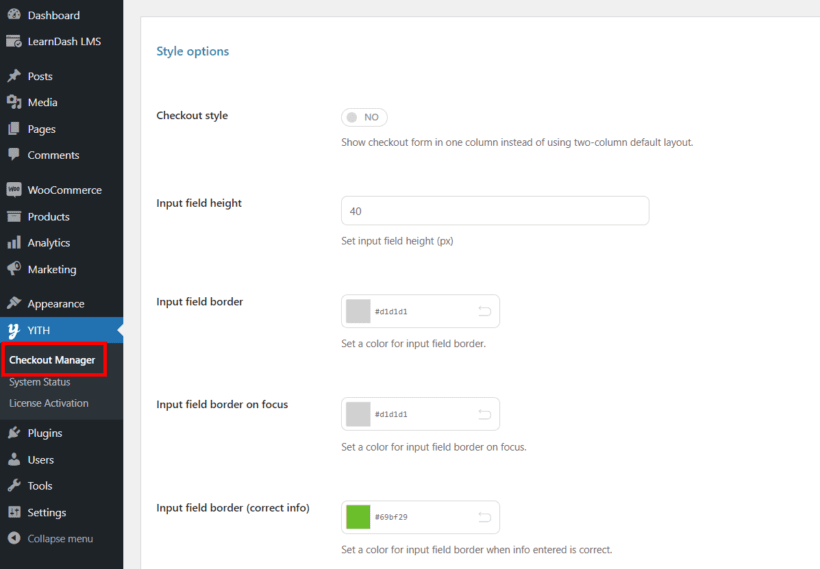 yith woocommerce checkout manager style options