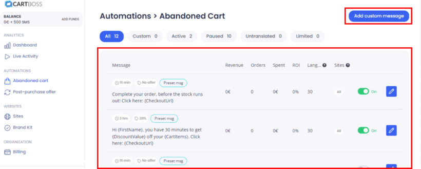 CartBoss SMS abandoned cart plugin templates