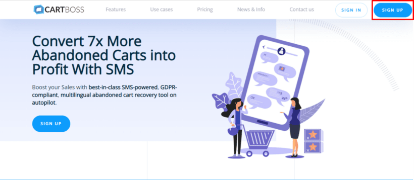 CartBoss SMS abandoned cart website home page