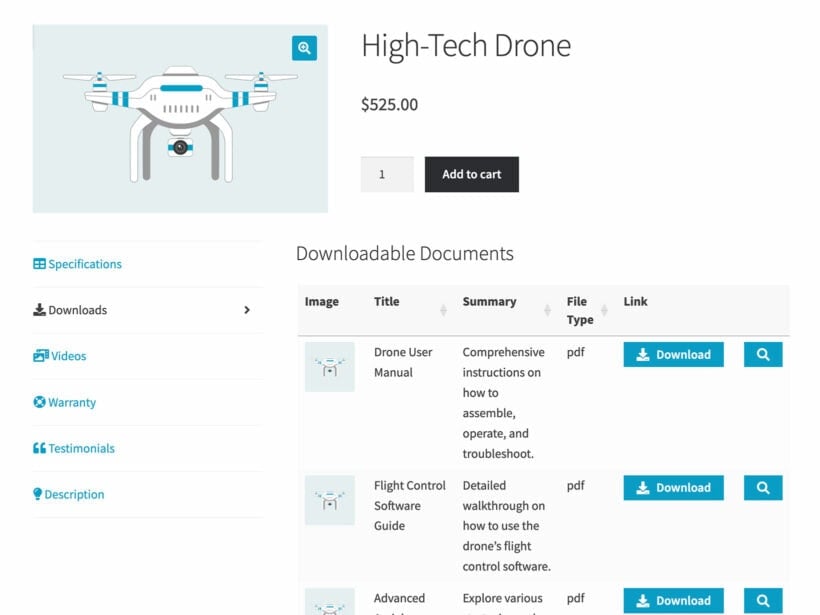 WooCommerce downloadable product specification documents