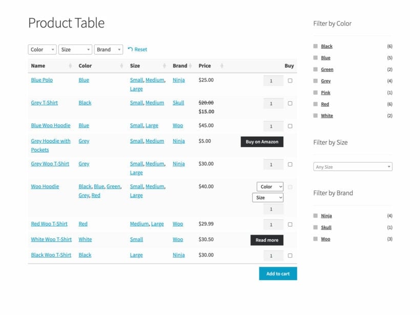 WooCommerce product specification table plugin