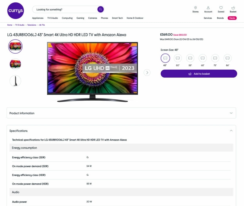 WooCommerce technical specification table