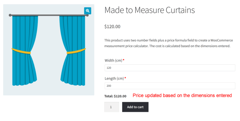 Final price updated based on the dimensions entered