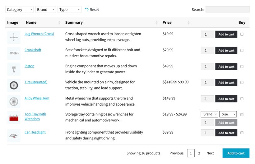 WooCommerce Product Table plugin with filter dropdowns