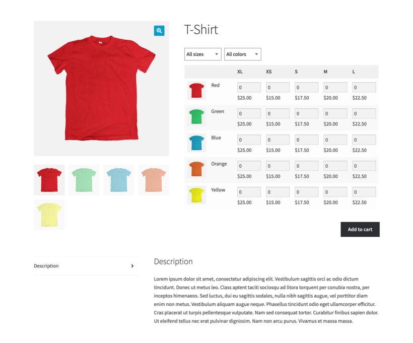 WooCommerce Bulk Variations WordPress plugin with attribute filters displayed on a t-shirt product