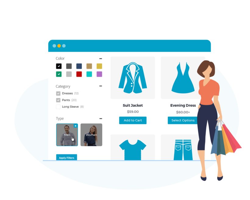 Illustration of a shopper with bags beside a browser window showing colour, category and type filters next to clothing products
