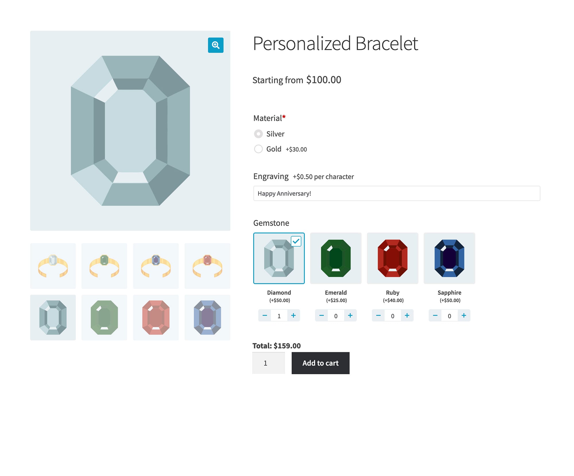 WooCommerce bracelet product page with a gold upgrade at plus 30 dollars, engraving charged per character and four gemstones priced separately, totalling 159 dollars