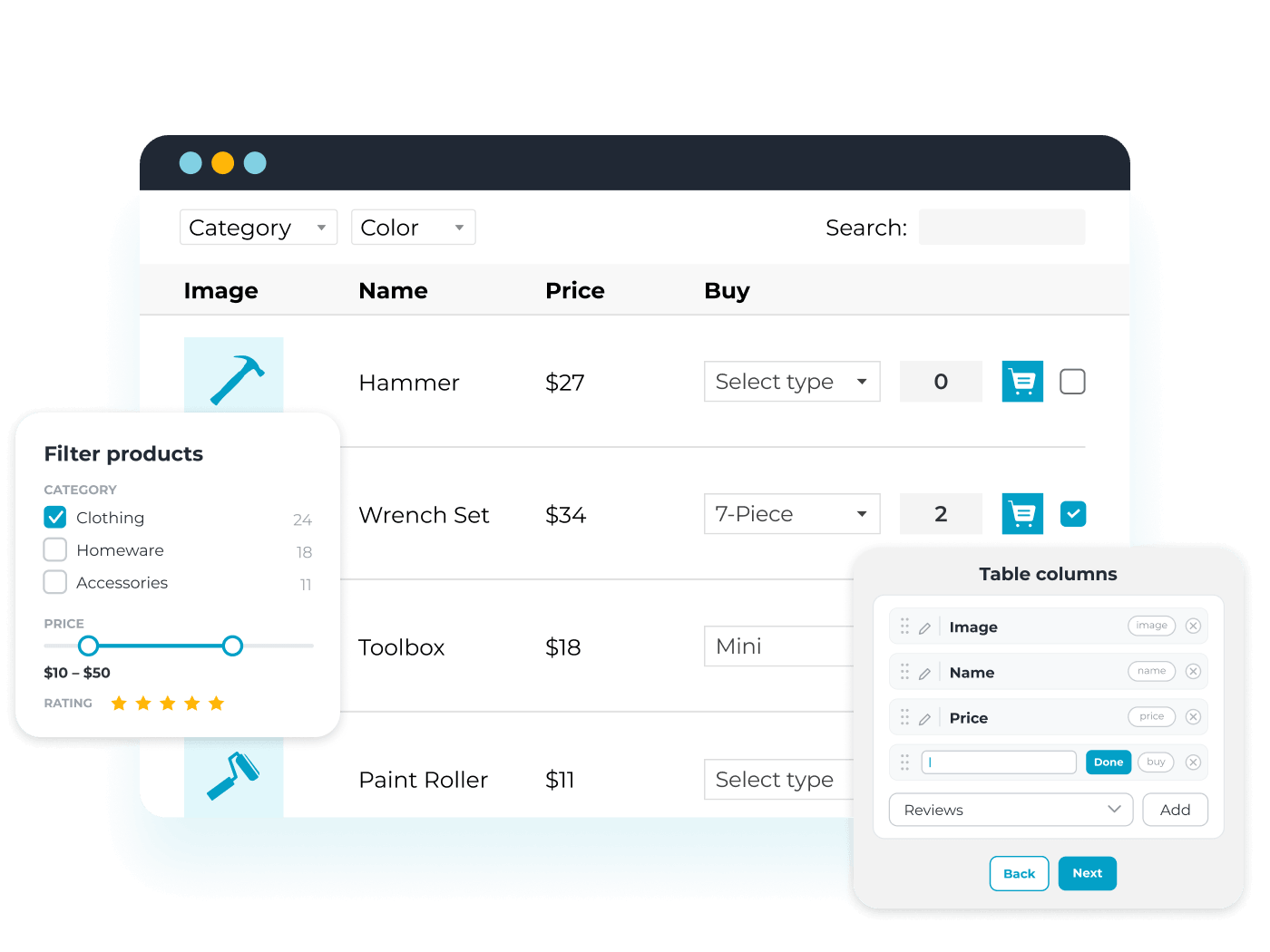 WooCommerce Product Table showing products in a one-page order form with prices, variations, quantities and add-to-cart buttons