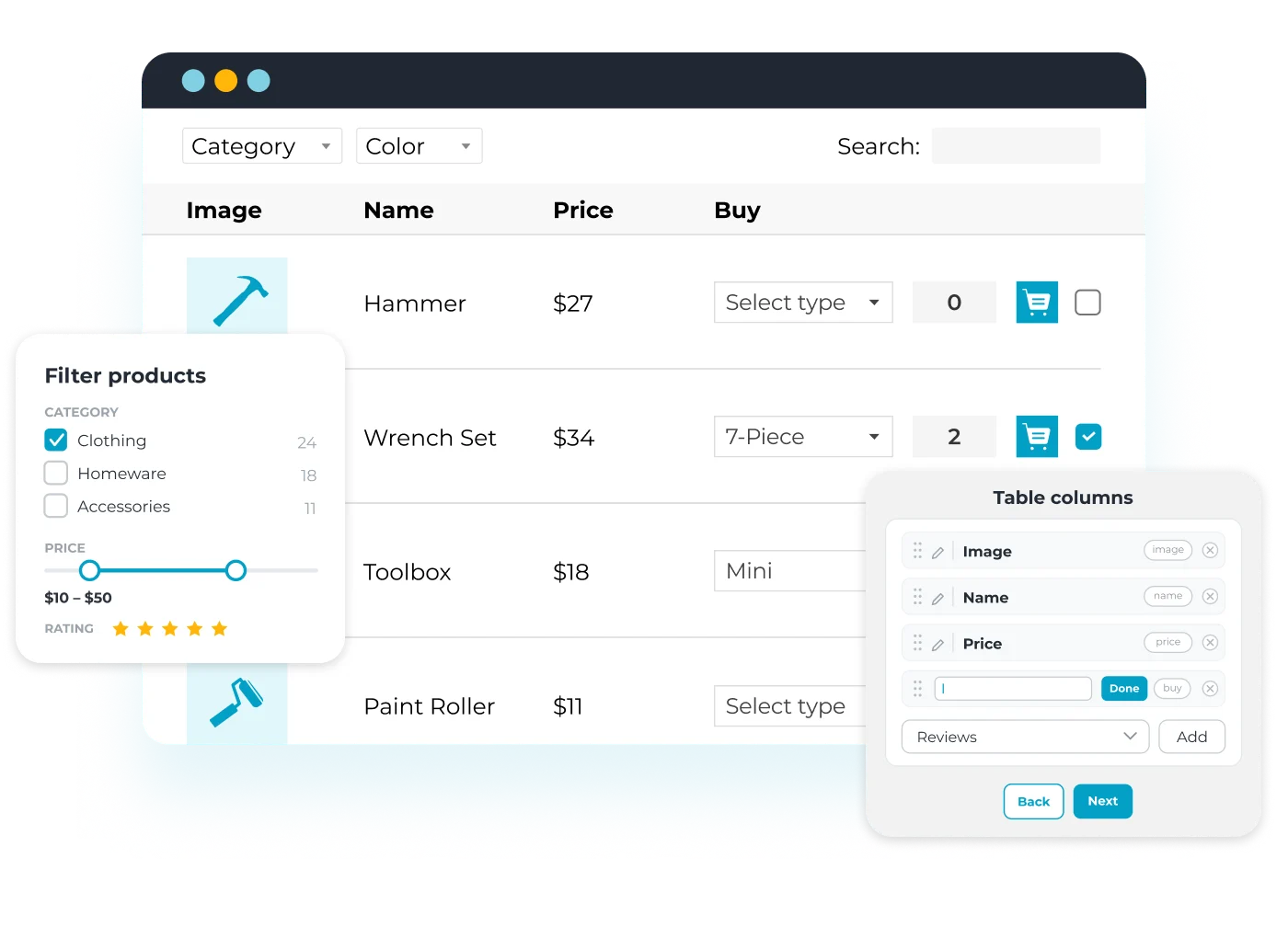 Product table listing hammer, wrench set, toolbox and paint roller with image, name, price and buy columns, beside filter and column settings panels