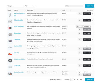 WooCommerce Product Table plugin for car parts