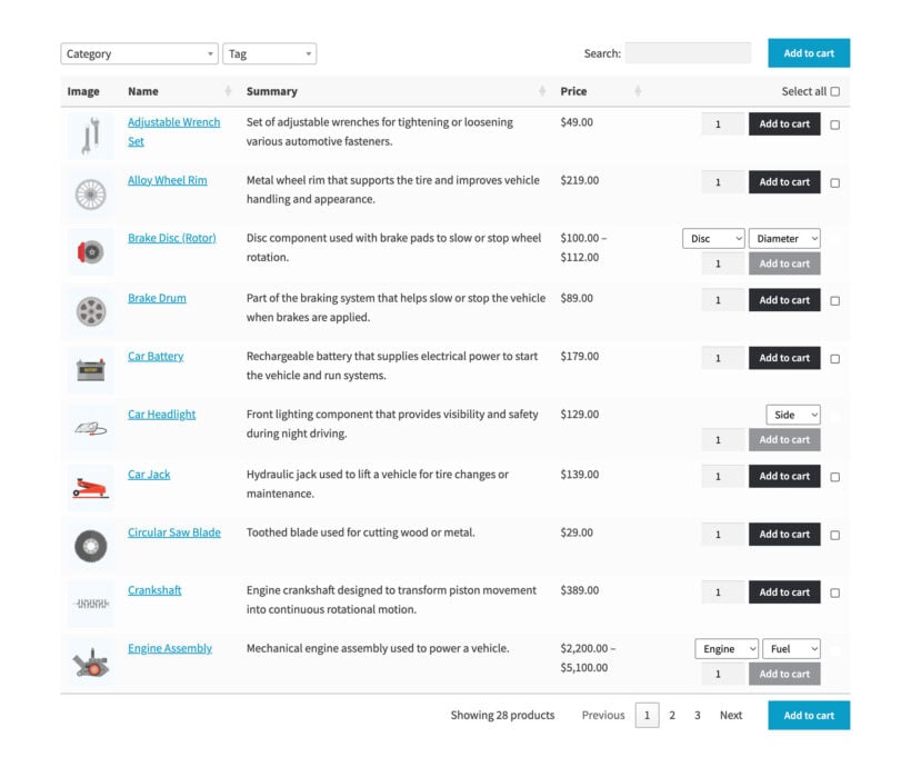 WooCommerce Product Table plugin for car parts