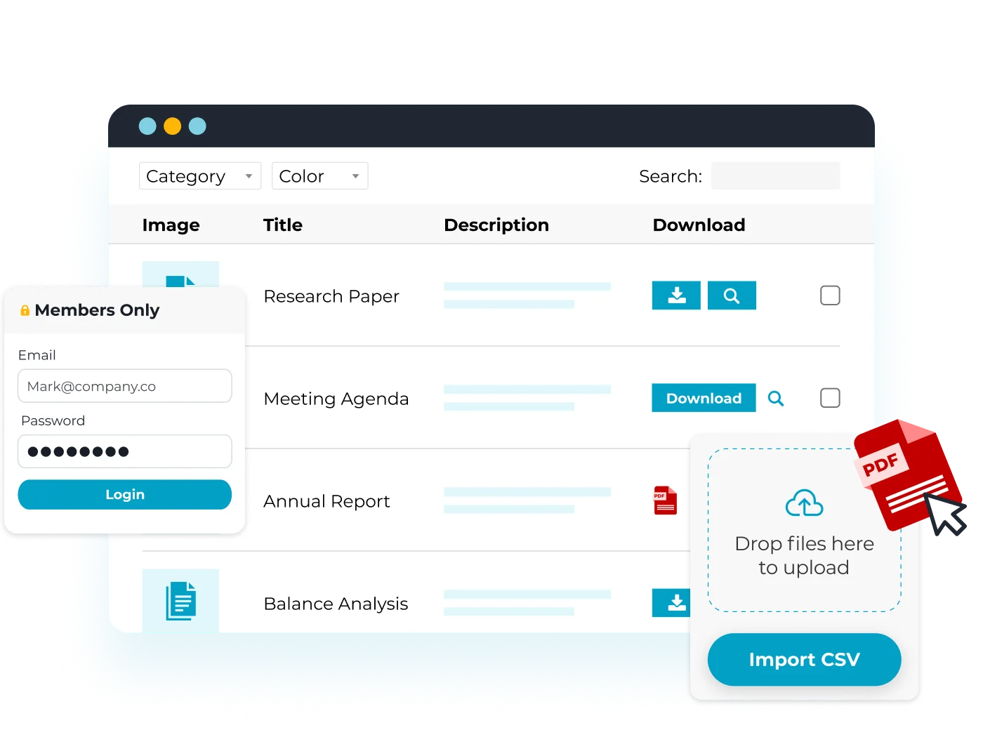 Document Library Pro showing documents in a searchable table with download links, member login and drag-and-drop file upload