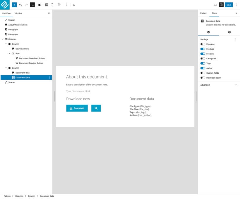 Document library page edit in WordPress block editor