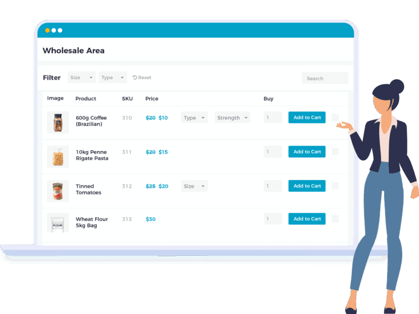 WooCommerce Wholesale Pro showing a wholesale ordering table