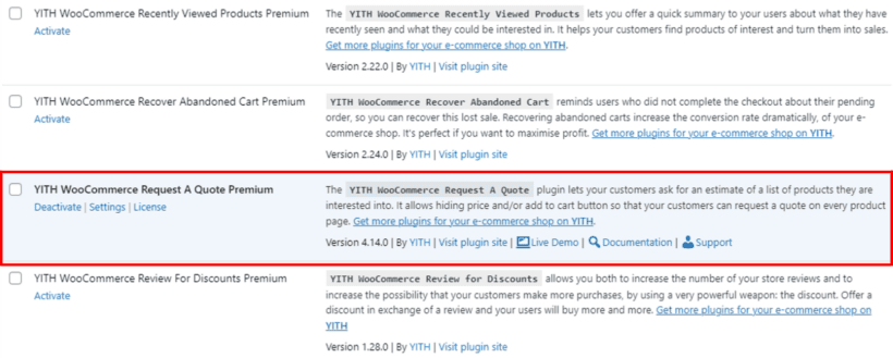 YITH WooCommerce Request a Quote installation and activation