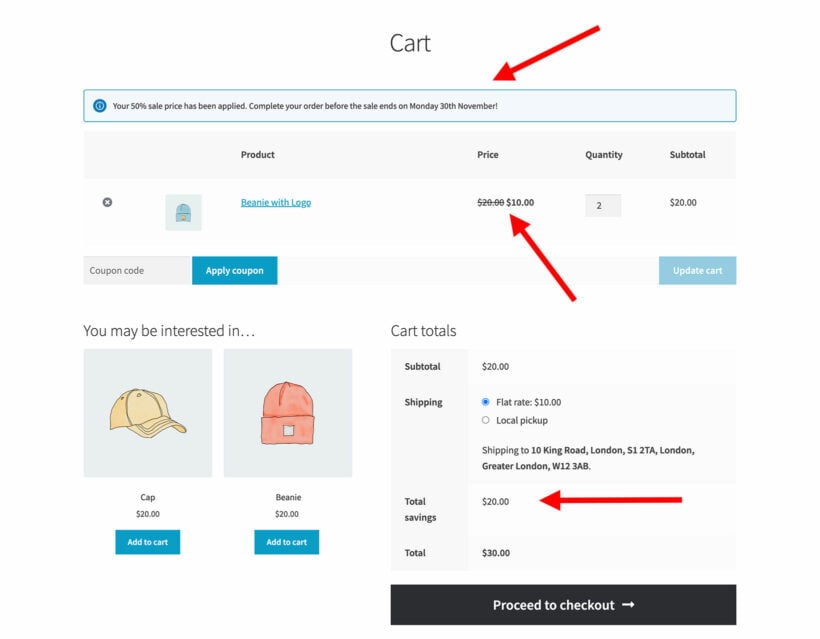 WooCommerce Discount Manager cart notice arrows