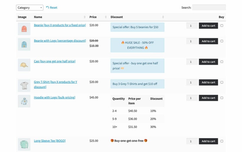 Commerce Discount Manager product table with filters