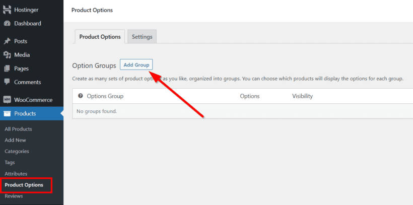 add woocommerce product options group