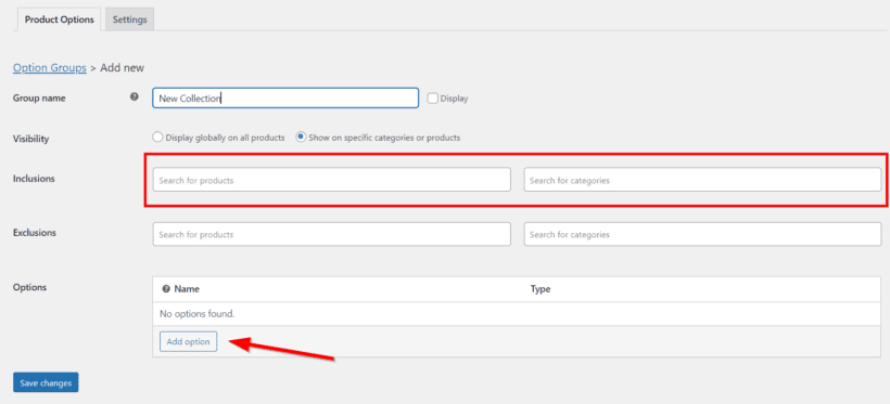 configure new woocommerce product options group