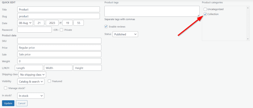 edit product add to woocommerce categories collections