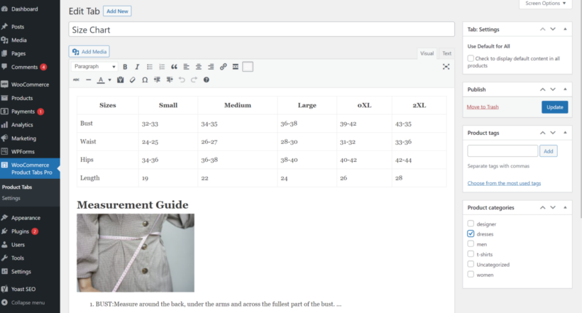 woocommerce size chart