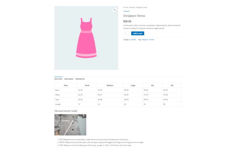 Add size tab to WooCommerce product page