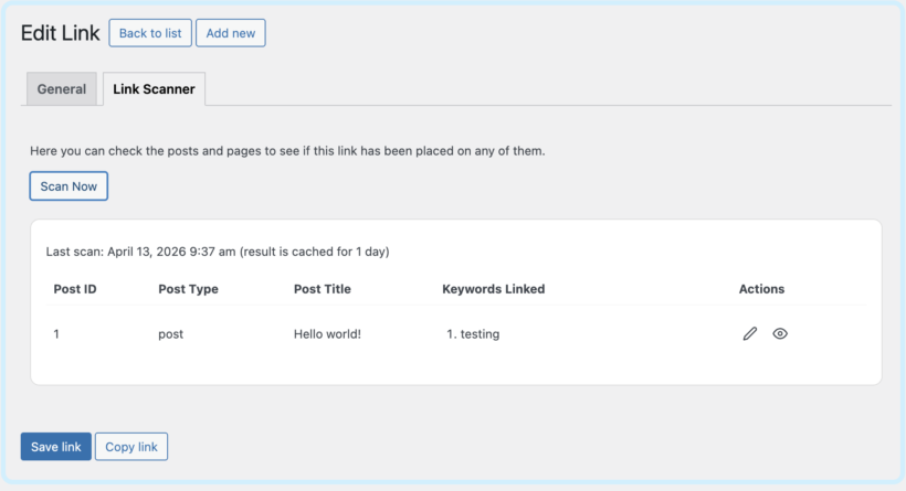 ClickWhale link scanner showing where a link has been placed across posts