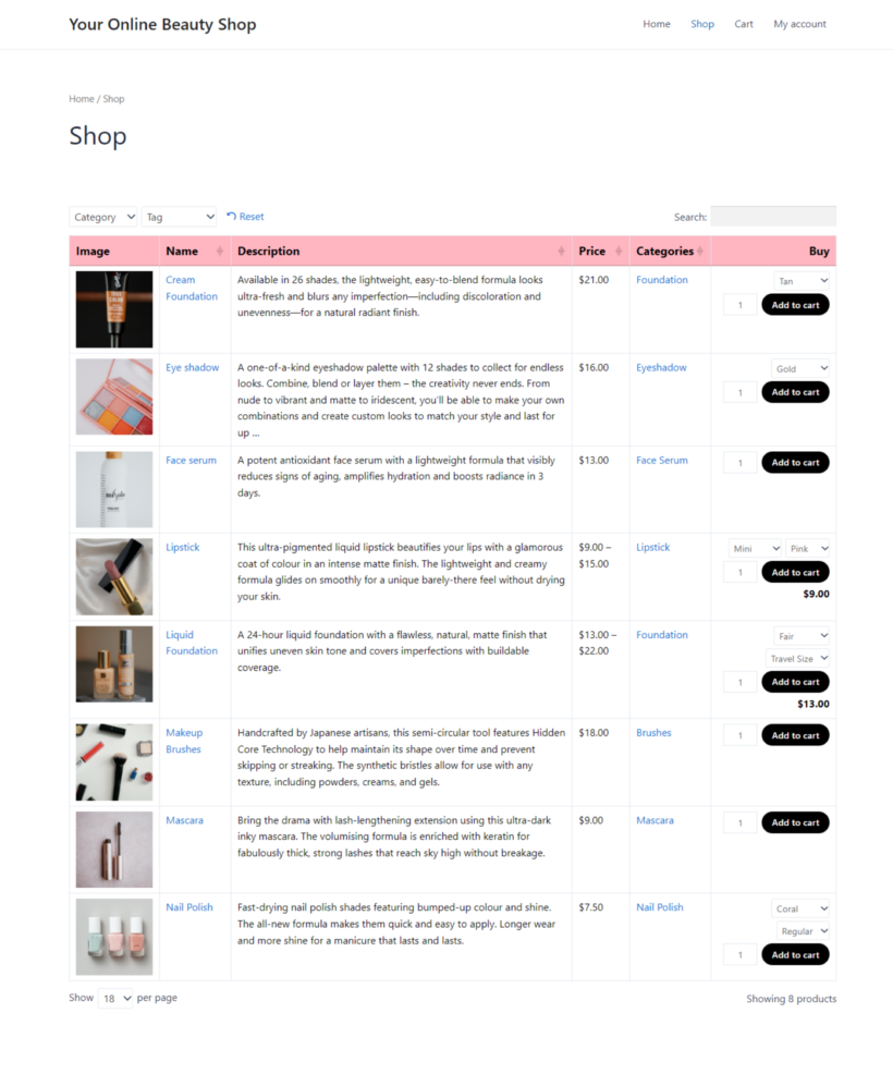 Sell beauty products - WooCommerce Product Table