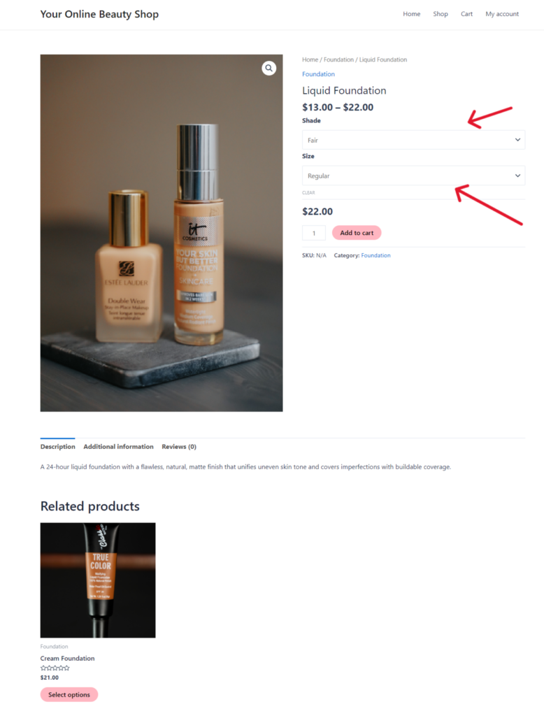 Sell beauty products - WooCommerce Default Variations on single product page