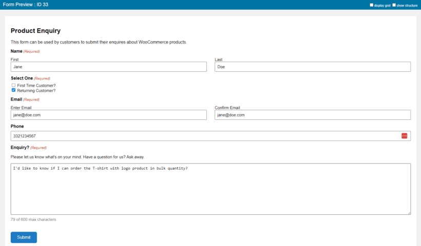 Product enquiry form WordPress preview