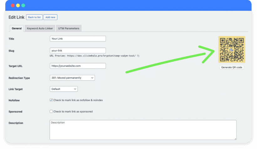 ClickWhale link editor generating a QR code for a managed link