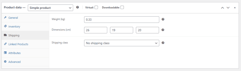 Set weight and dimensions