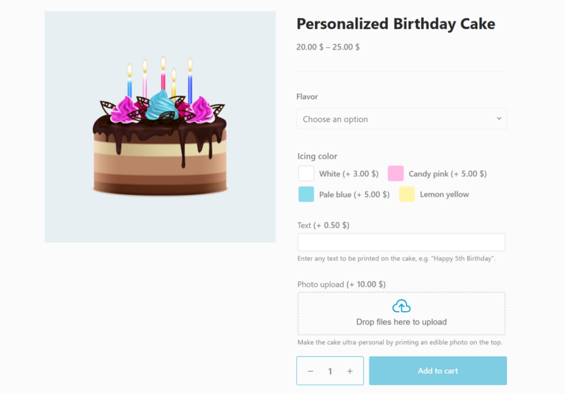 WooCommerce customizable cake variable product with optional variation