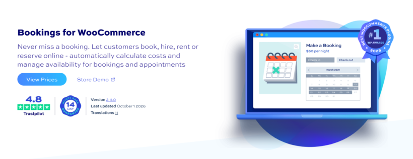 Bookings for WooCommerce booking calendar on a WooCommerce product page