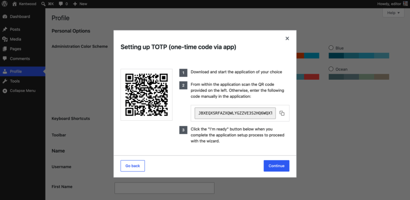 Scanning the WP 2FA QR code to set up an authenticator app