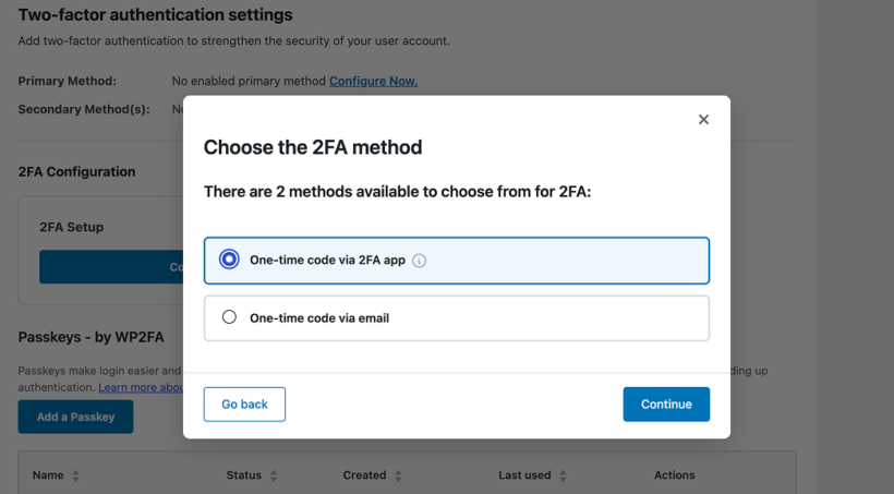 Choosing whether to receive the WP 2FA one-time code by app or email