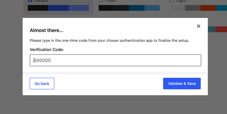 Entering the one-time code from an authenticator app to finish WP 2FA setup