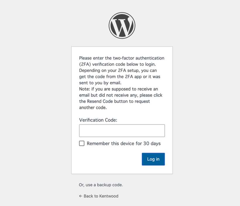 WordPress login screen asking for the WP 2FA verification code
