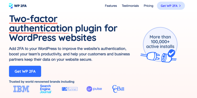 WP 2FA homepage describing the two-factor authentication plugin for WordPress sites
