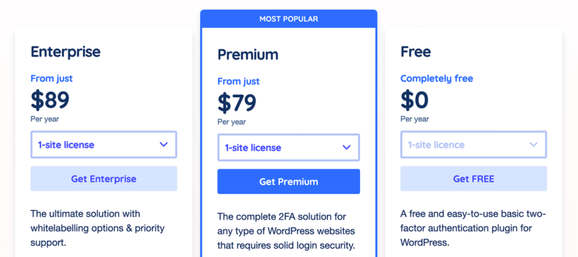 WP 2FA pricing with free, premium and enterprise plans