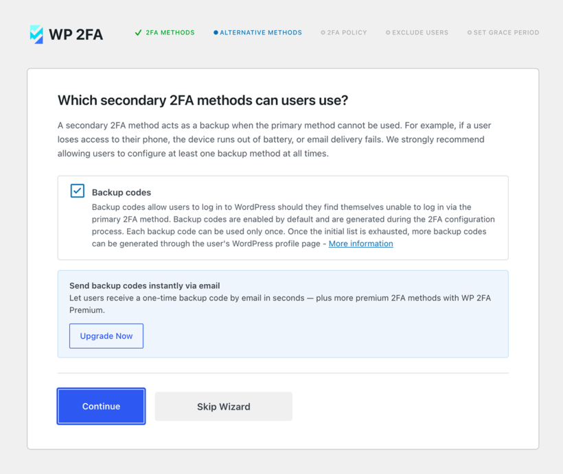 Selecting WP 2FA secondary methods, with backup codes enabled